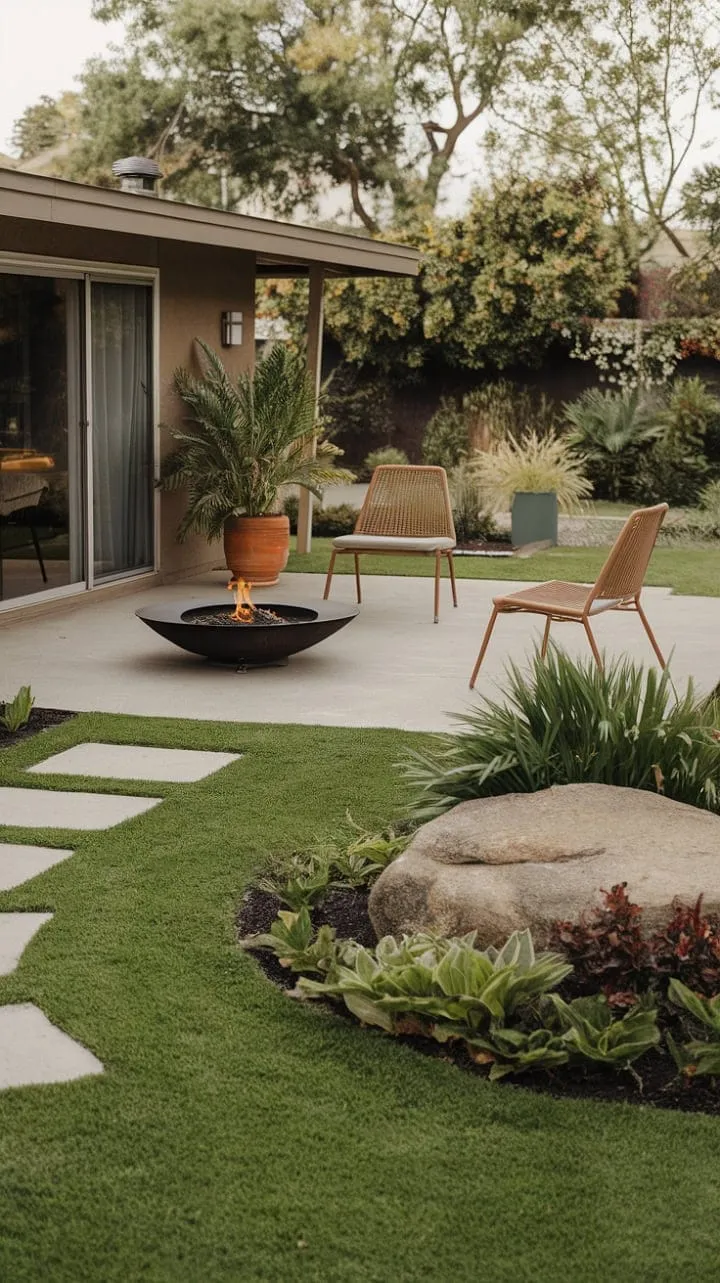 In this mid-century modern oasis, tranquil evenings come alive with captivating conversations, the soothing crackle of a fire pit, and a harmonious blend of nature and design.