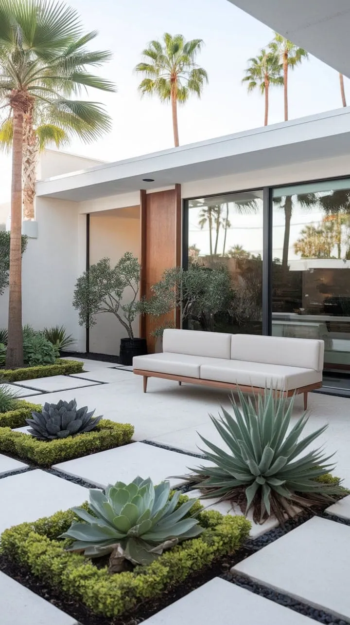 This mid-century modern patio harmoniously blends sleek design and lush greenery, creating a serene oasis of understated elegance.