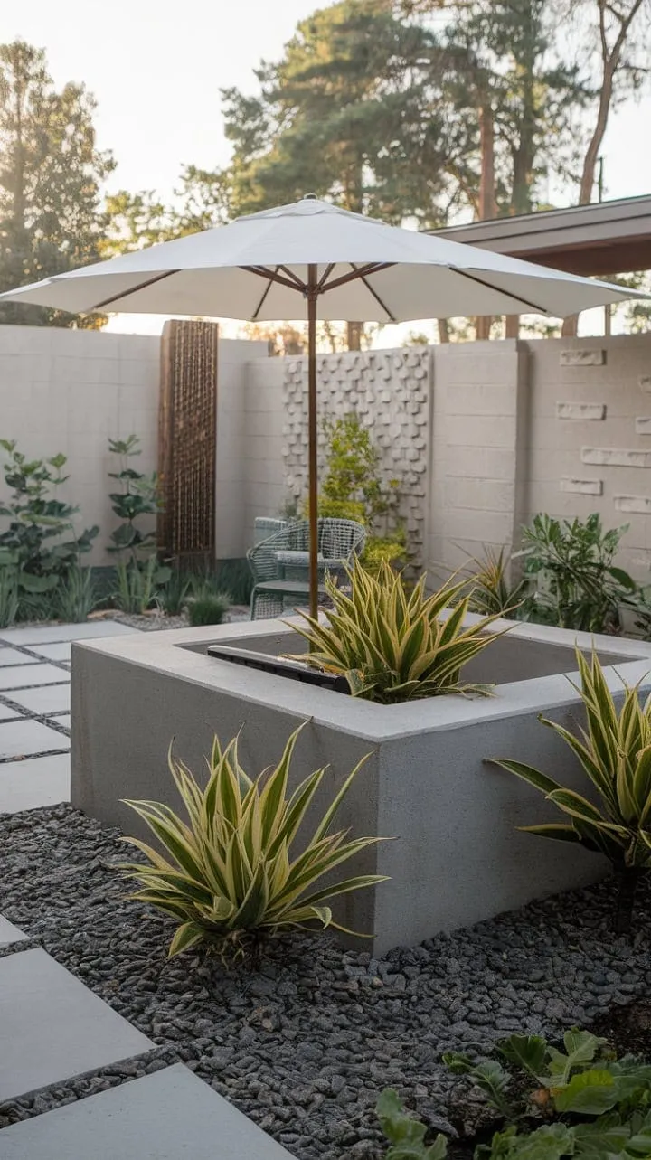 This stunning patio harmoniously blends mid-century modern design with contemporary garden vibrancy, offering a serene retreat enriched by diverse textures.