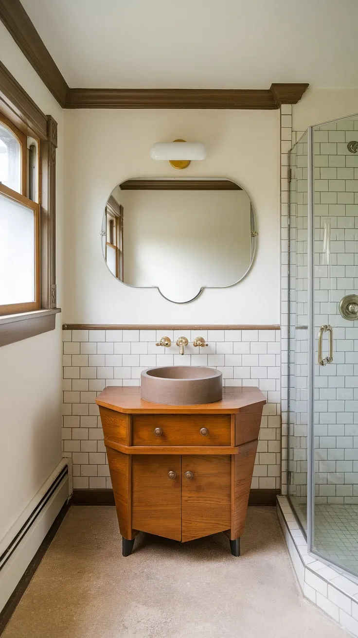 A stunning transformation! This bathroom renovation masterfully blends mid-century modern aesthetics with contemporary functionality. The custom-designed, rounded vanity is a showstopper, perfectly paired with the subtle elegance of the beige tile floor and crisp white walls. A testament to the enduring appeal of classic design.