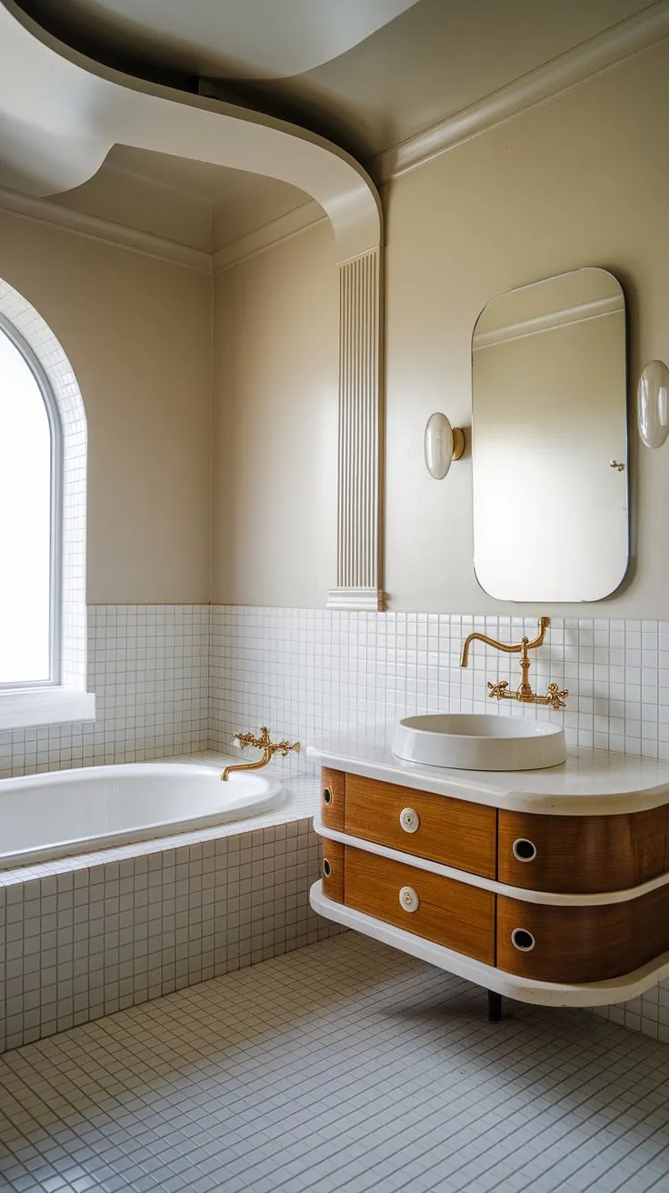 Clean lines and curves define this mid-century modern bathroom renovation. The crisp white palette, complemented by unique details like the curved vanity and faucet, creates a serene and stylish space. A testament to timeless design.