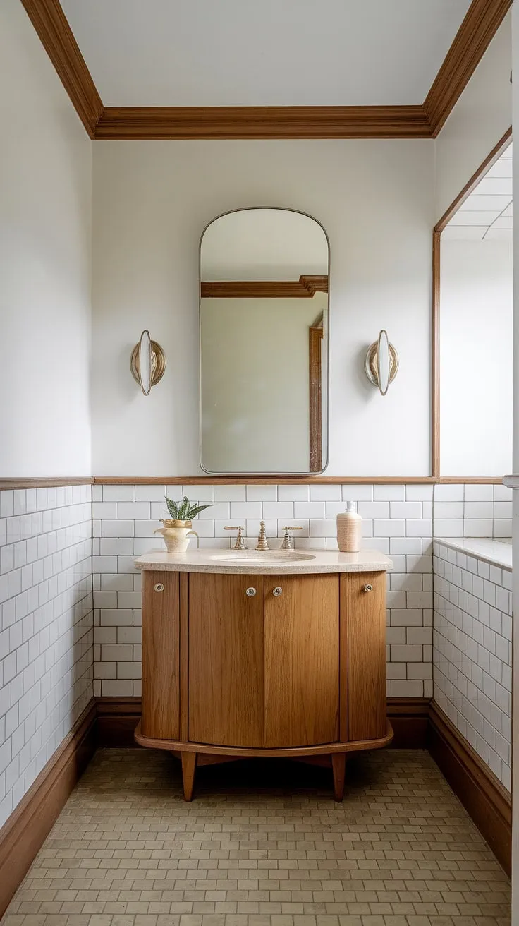 This bright and airy mid-century modern bathroom is a dream. A beautifully curved vanity in light brown wood is the star of the show, complemented by classic white walls, beige tile, and tasteful mid-century trim. A true testament to timeless design.