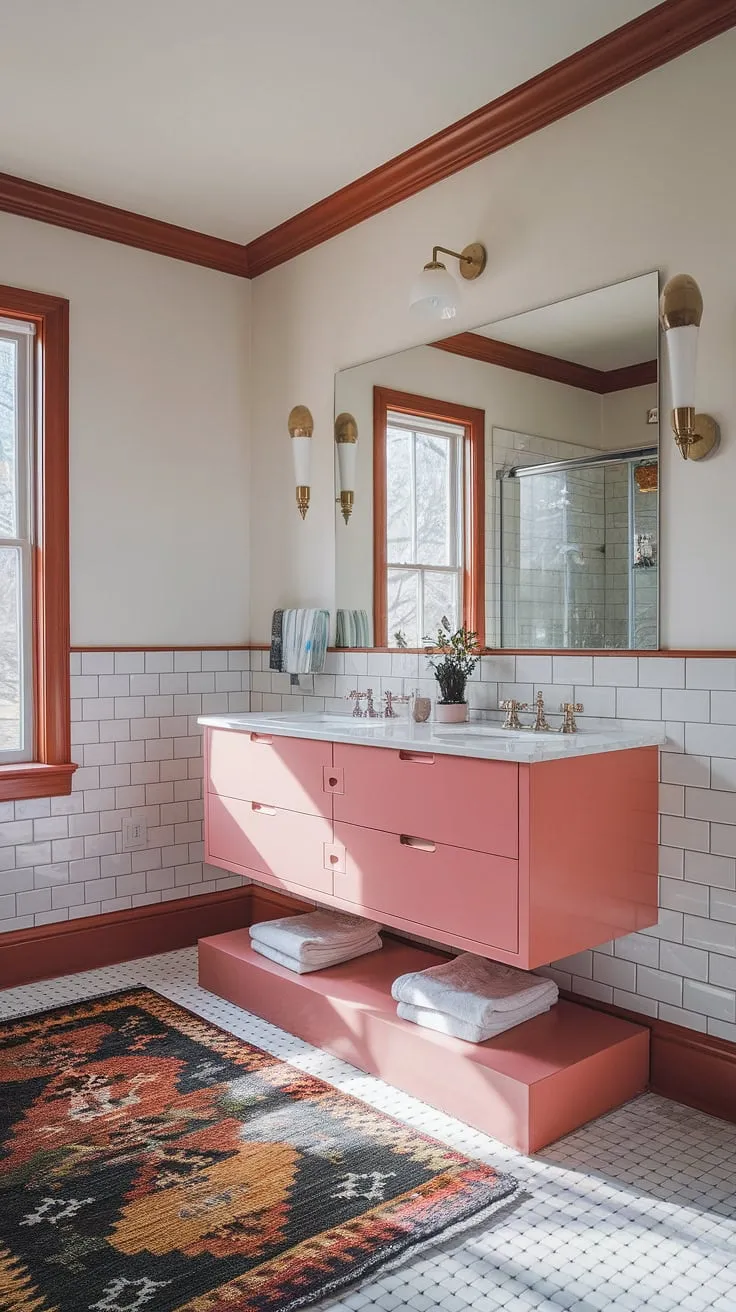 Step back in time with this playful mid-century modern bathroom renovation. The vibrant pink vanity, elevated platform, and classic trim details create a space that's both stylish and undeniably fun. A perfect blend of retro charm and modern functionality.