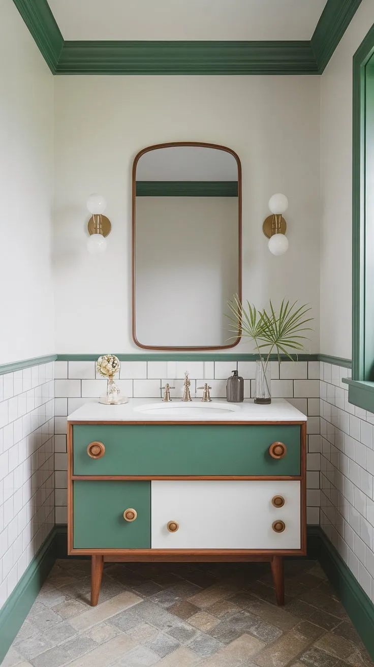 Step back in time with this charming mid-century modern bathroom. The vibrant green and white vanity, complemented by the period-perfect trim and tiled floor, creates a space that's both stylish and nostalgic. A true testament to timeless design.