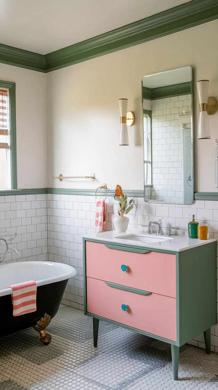 Step back in time with this stunning mid-century modern bathroom renovation. The vibrant pink and green vanity pops against the crisp white walls, while the black bathtub adds a touch of sophisticated drama. The meticulous attention to detail, including the mid-century trim molding and baseboards, perfectly captures the era's iconic style. A true testament to thoughtful design and quality craftsmanship.