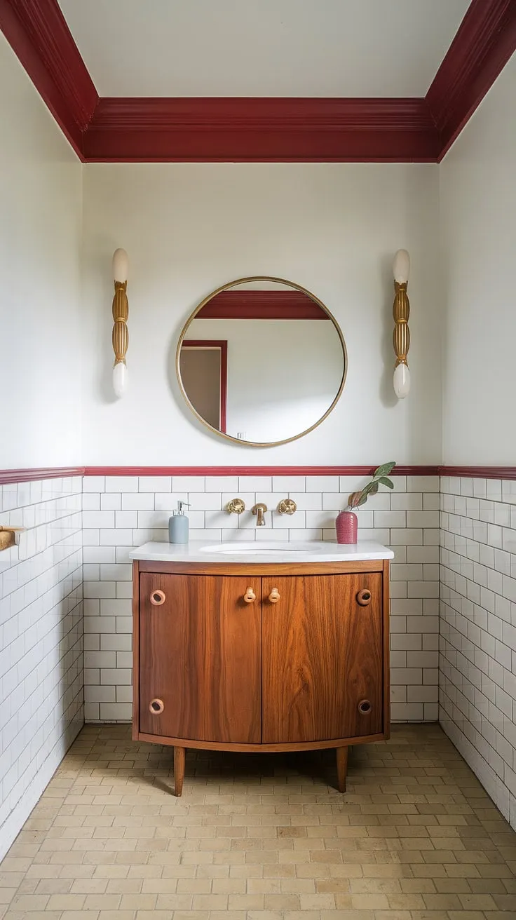 Step back in time with this mid-century modern bathroom renovation. The curved wooden vanity and playful trim details create a space that's both stylish and functional. A perfect blend of retro charm and modern convenience.