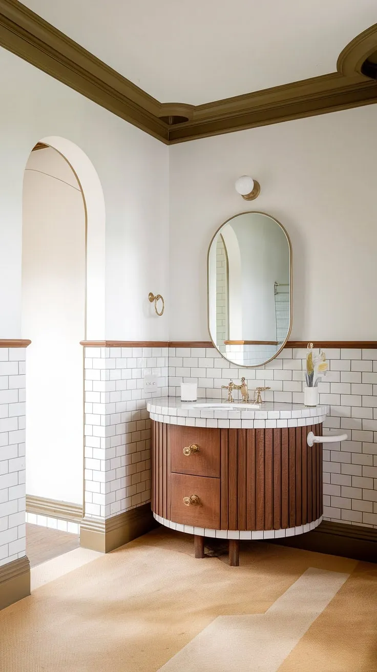 A dreamy mid-century escape awaits. This bathroom renovation masterfully blends vintage charm with contemporary elegance. The rounded vanity, A statement piece in the room, is perfectly complemented by the gold fixtures and subtle beige tile. Every detail, from the archway to the trim, speaks to the era's unique aesthetic.