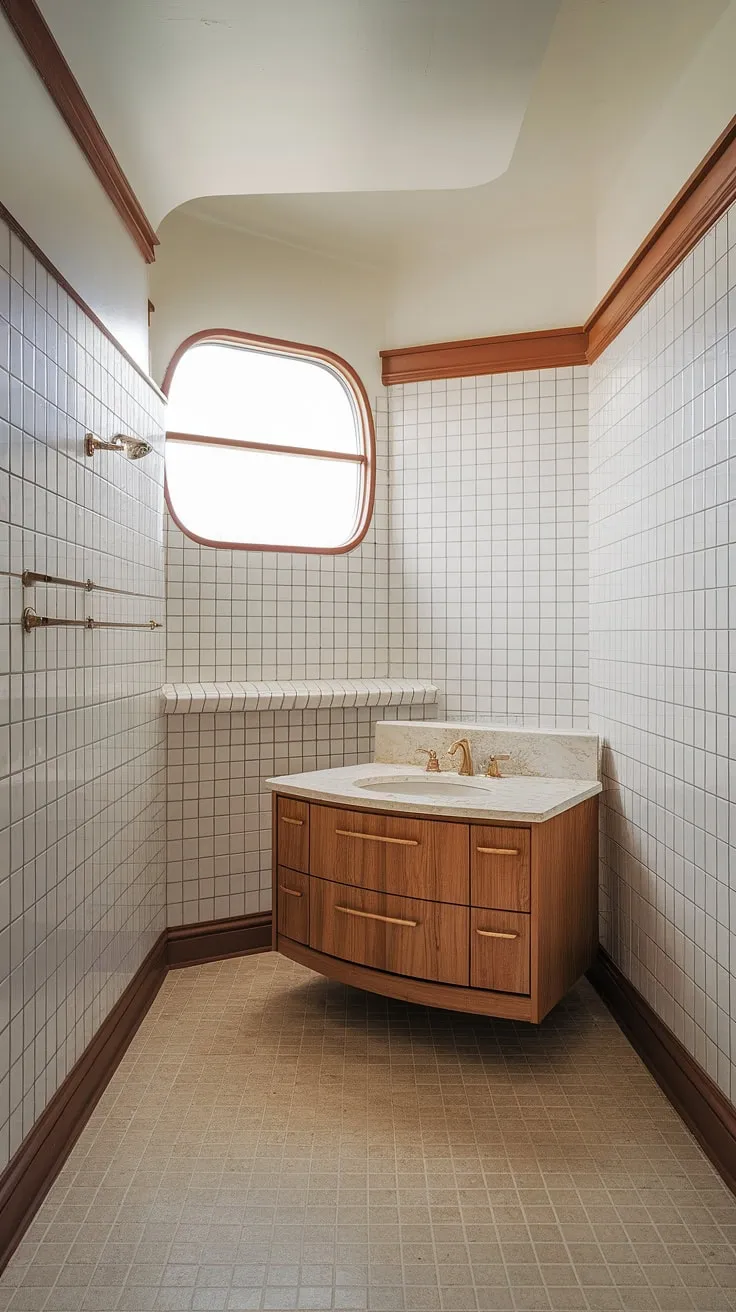 Restored to its former glory: This mid-century modern bathroom renovation showcases the era's signature curved lines in the vanity and window, complemented by meticulously restored mid-century trim molding and baseboards. The beige tile floor provides a warm, neutral backdrop, creating a space that's both stylish and timeless.