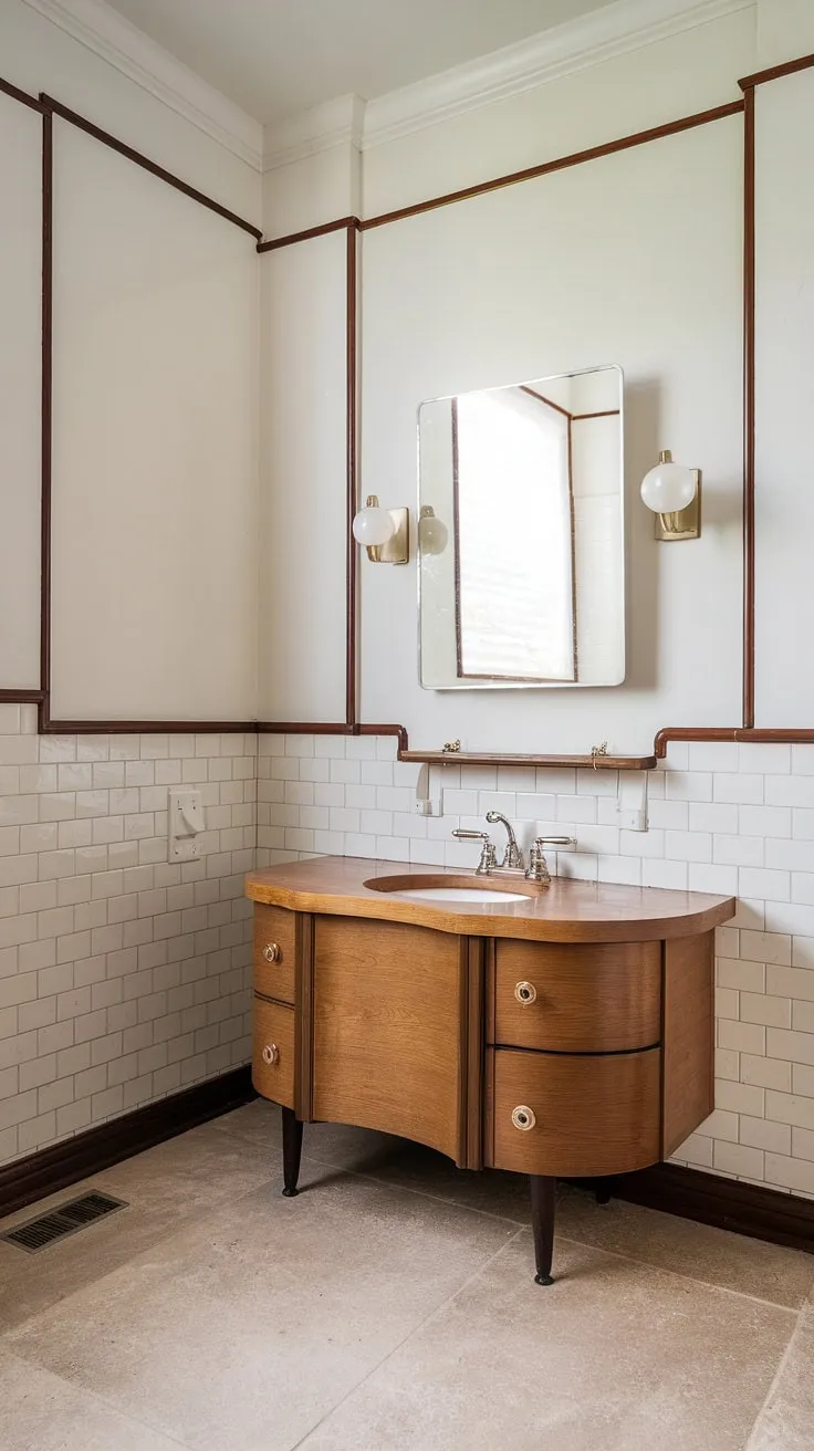 Step back in time with this stunning mid-century modern bathroom. The playful curves of the vanity, paired with the classic white walls and warm wood tones, create a sophisticated yet inviting atmosphere. The vintage sink and wall-mounted mirror add to the nostalgic charm, while the meticulous detailing in the trim and baseboards showcases the attention to period-accurate craftsmanship. A perfect blend of retro and refined.