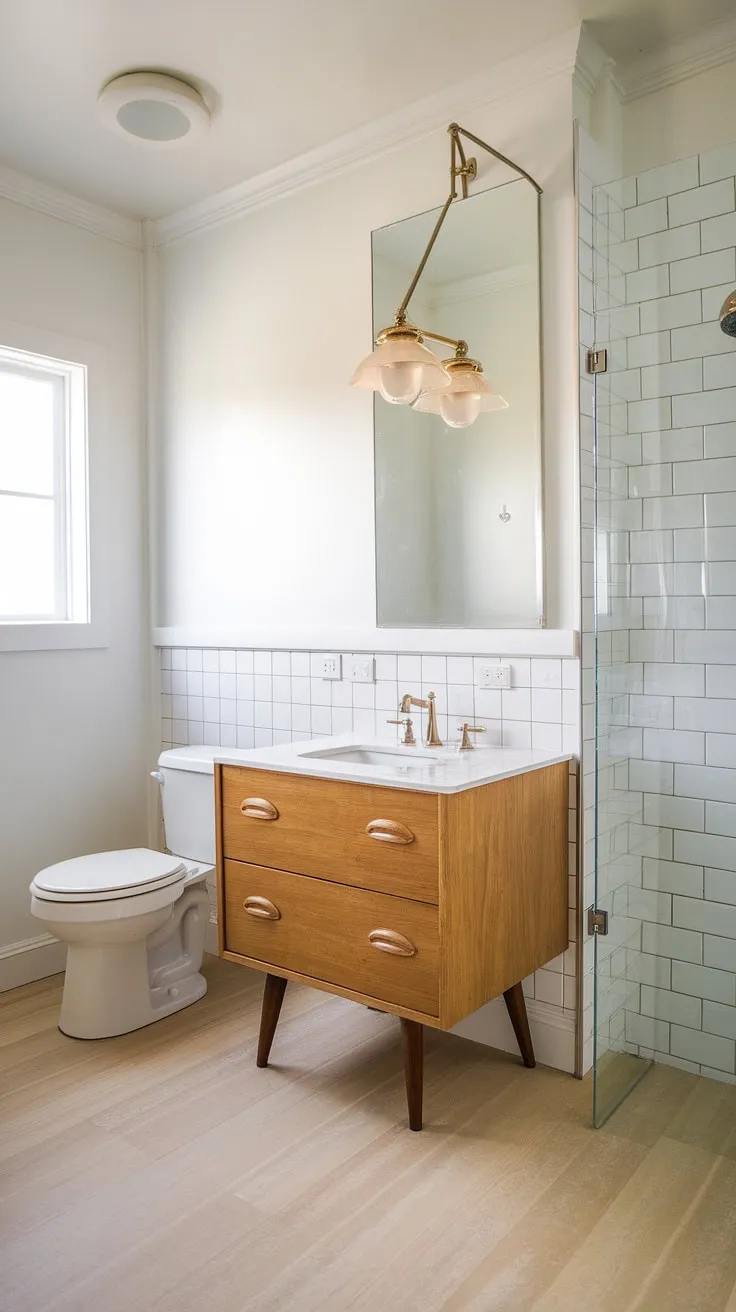 This mid-century modern bathroom remodel is a dream come true. The light-filled space boasts a custom vanity, beautiful wood flooring, and eye-catching trim work, all contributing to a sophisticated and timeless aesthetic. A true testament to the enduring appeal of classic design.