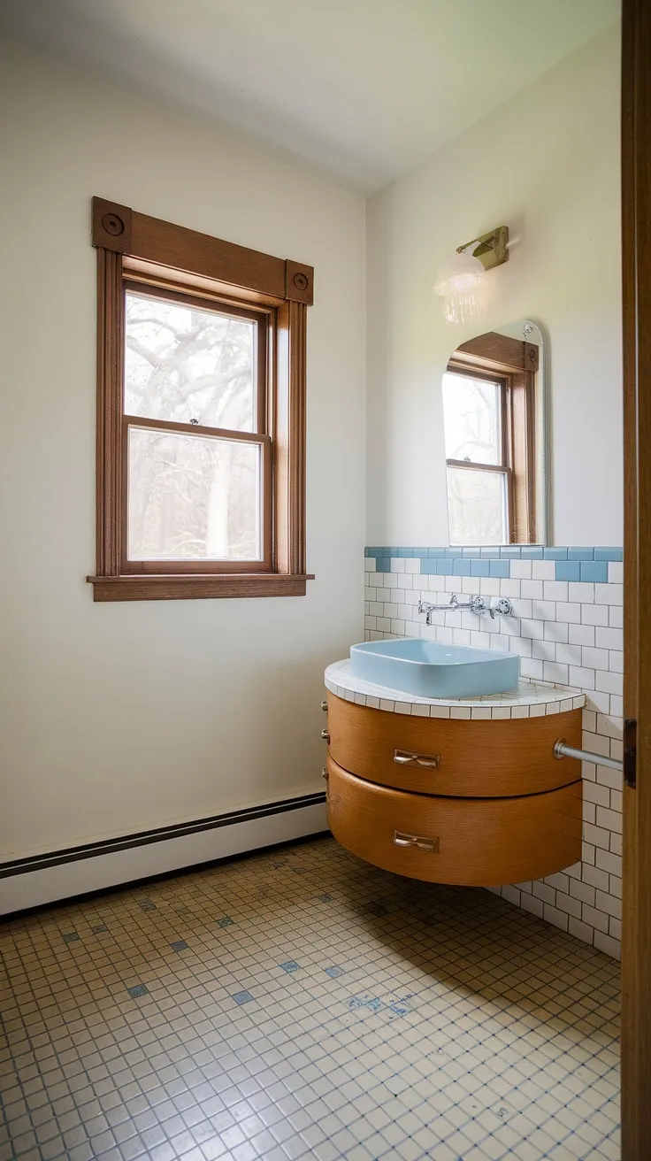 This stunning bathroom renovation is a masterclass in mid-century modern design. The light blue sink nestled in the curved vanity is a delightful focal point, while the carefully chosen tile and wood accents create a cohesive and inviting atmosphere. A perfect example of how classic style can feel fresh and contemporary.