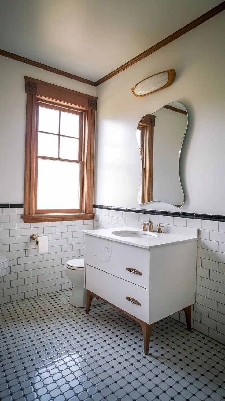 This retro-chic bathroom is a dream. The clean lines of the white vanity and curved mirror are beautifully offset by the playful black and white checkered floor. A perfect blend of classic elegance and mid-century modern charm, this space is a delightful escape.