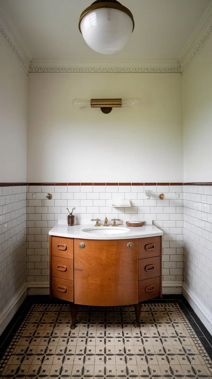A perfectly preserved mid-century modern bathroom, showcasing a stunning curved vanity and charming vintage details. The patterned tile floor and crisp white walls create a bright and airy atmosphere. A delightful escape to a bygone era of sophisticated style.