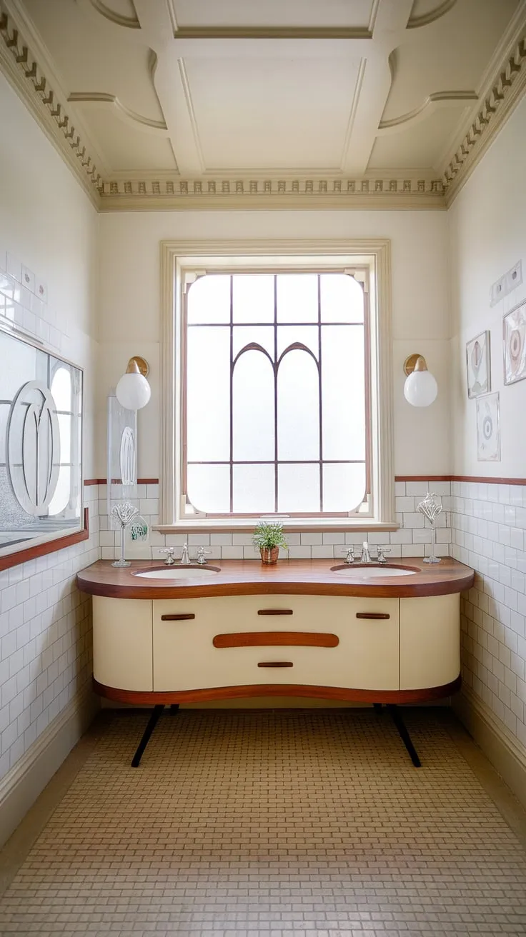 This mid-century modern bathroom renovation is a dream come true. The clean white walls provide a perfect backdrop for the playful curved vanity and its rich wooden countertop. Every detail, from the decorative ceiling beams to the mid-century baseboards, contributes to the space's undeniable elegance and timeless appeal. A true sanctuary of style and comfort.