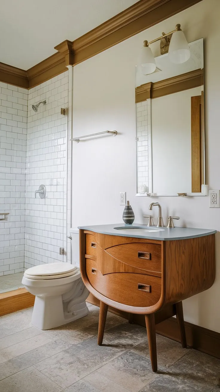 This mid-century dream bathroom boasts a playful yet sophisticated vibe. The unique vanity is the star, showcasing the era's love for clean lines and organic shapes. Every detail, from the trim to the tile, speaks to a bygone era of elegant simplicity.