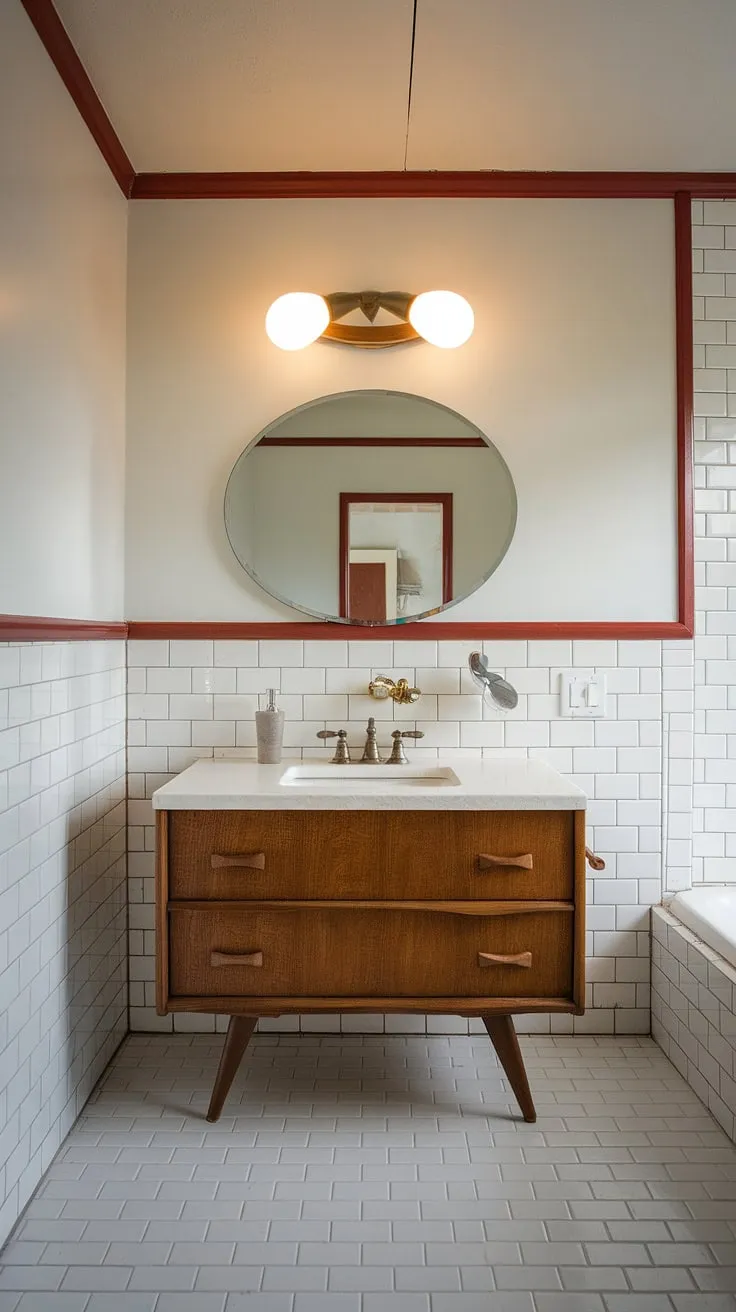 A perfectly curated mid-century modern bathroom, showcasing a beautifully restored vanity and thoughtful details like the unique light fixture and period-appropriate trim. A true reflection of timeless elegance and meticulous craftsmanship.