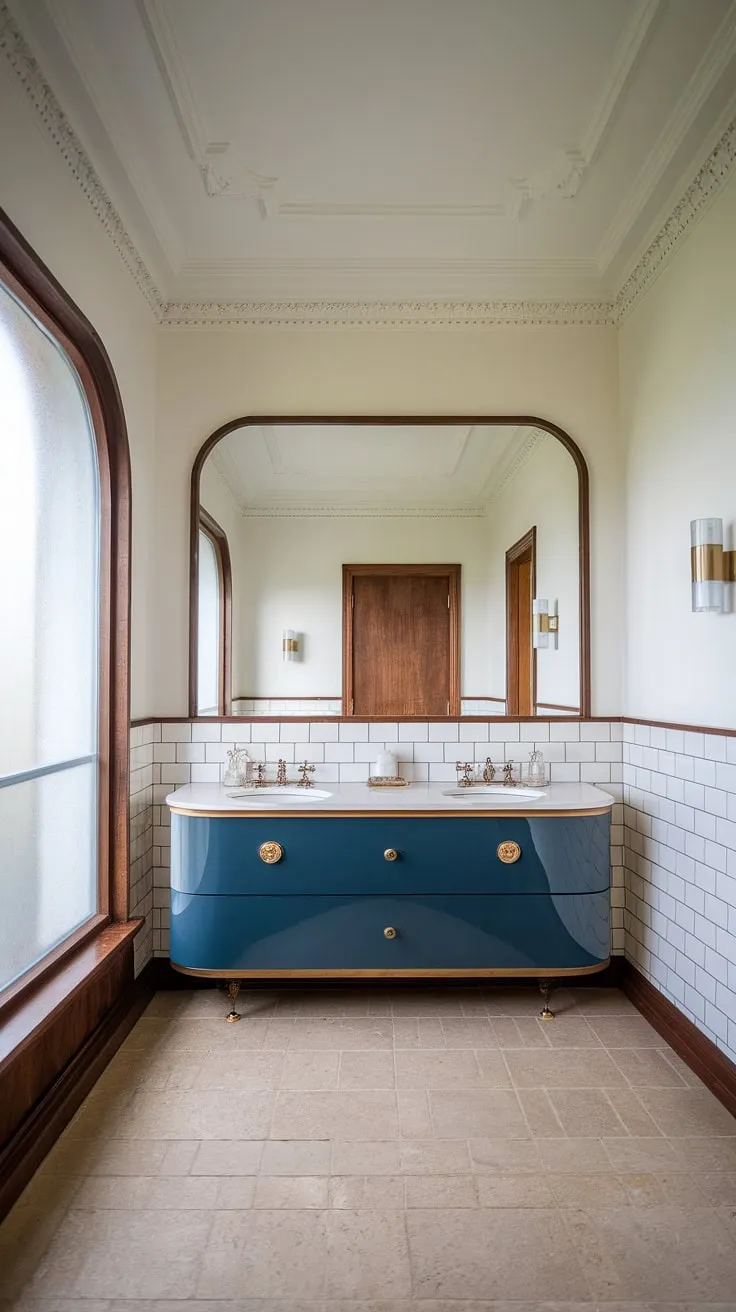 Mid-century modern magic in the making. This bathroom renovation boasts a playful curved vanity in a rich navy, perfectly complemented by the natural light streaming through the large window and the warm beige tile floor. The meticulous attention to detail, from the crown molding to the baseboards, elevates this space to a true sanctuary. A timeless design that's both stylish and functional.