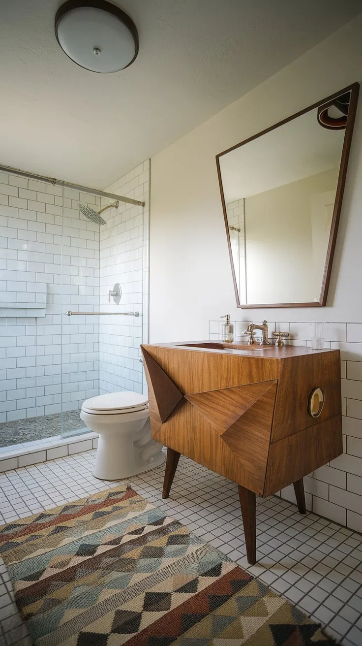 Geometric lines and mid-century charm meet in this effortlessly cool bathroom. The unique vanity is the star, adding a playful touch to the simple, functional design. A perfect blend of form and function.
