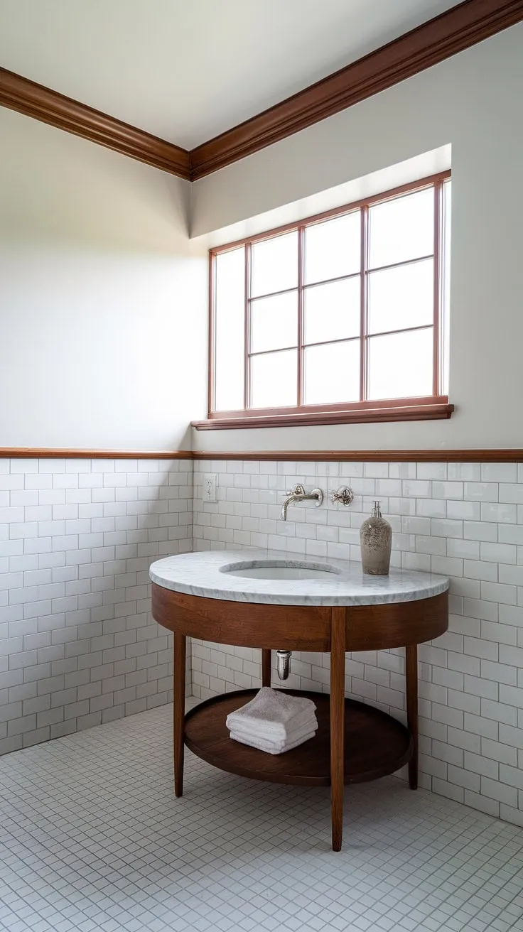 This renovated bathroom perfectly captures the spirit of mid-century modern design. The white-tiled floor, vertical window mullions, and carefully chosen trim work together to create a space that is both stylish and serene. The circular vanity is a delightful focal point, adding a touch of whimsy to the otherwise classic aesthetic.