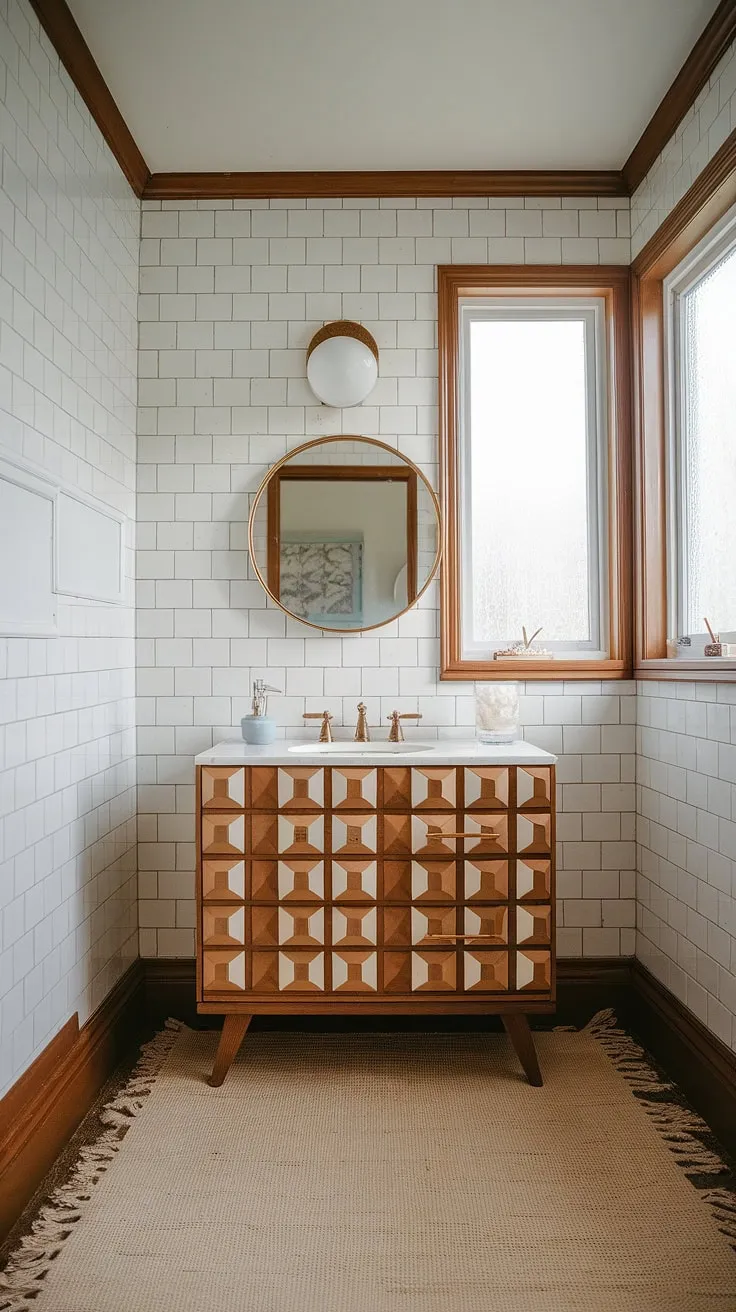 Sunshine streams into this mid-century modern bathroom, illuminating the geometric patterned vanity and its perfectly placed round mirror. The vintage trim and baseboards add to the charming, retro aesthetic. A touch of mid-century elegance, perfectly captured.