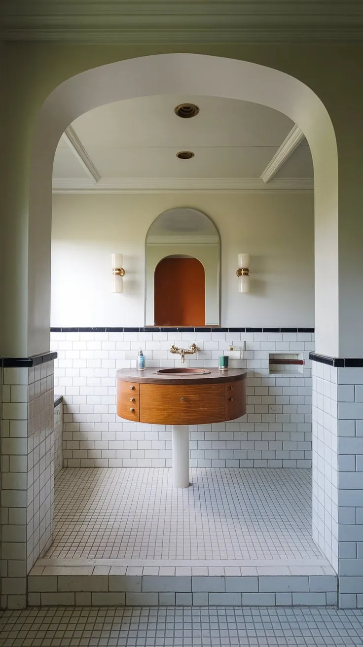 This retro-inspired bathroom is a study in understated elegance. The white walls, simple tile, and warm wood vanity top create a serene space. A testament to the enduring appeal of mid-century design, it's a place to escape and unwind.