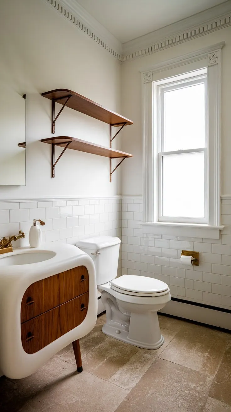 Clean lines and organic curves meet in this mid-century modern bathroom renovation. The white vanity, a statement piece, is complemented by the beige tile floor and simple wooden shelf, creating a serene and stylish space. A perfect blend of form and function.