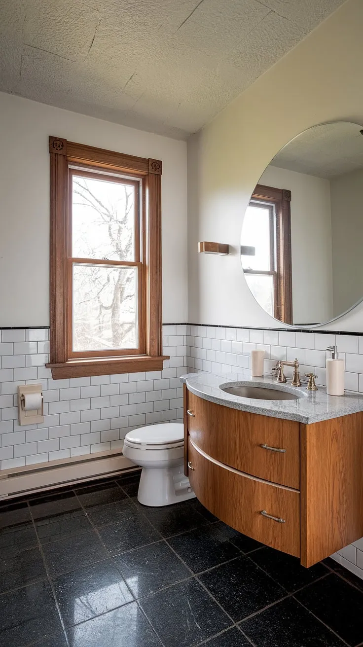 A stunning transformation! This bathroom renovation flawlessly captures the essence of mid-century modern design. The sleek lines, natural light from the large window, and the luxurious black granite floor create a truly sophisticated retreat. A dream come true.