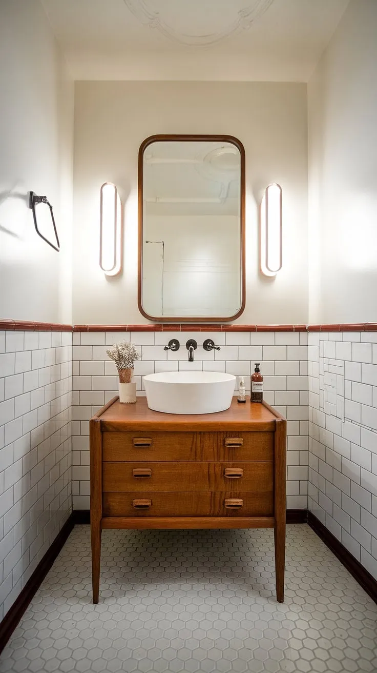 Step back in time with this stunning mid-century modern bathroom renovation. The vintage vanity, complete with a sleek black faucet and charming details, is the perfect centerpiece against the crisp white walls and classic trim. A true testament to timeless design.