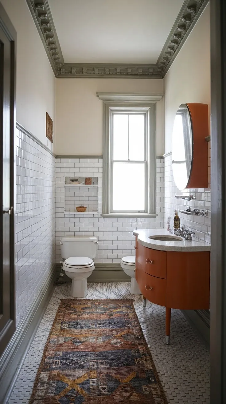 A dreamy mid-century modern bathroom escape. The clean lines, curved vanity, and thoughtful built-in storage create a functional and stylish retreat. A perfect blend of classic charm and modern convenience.