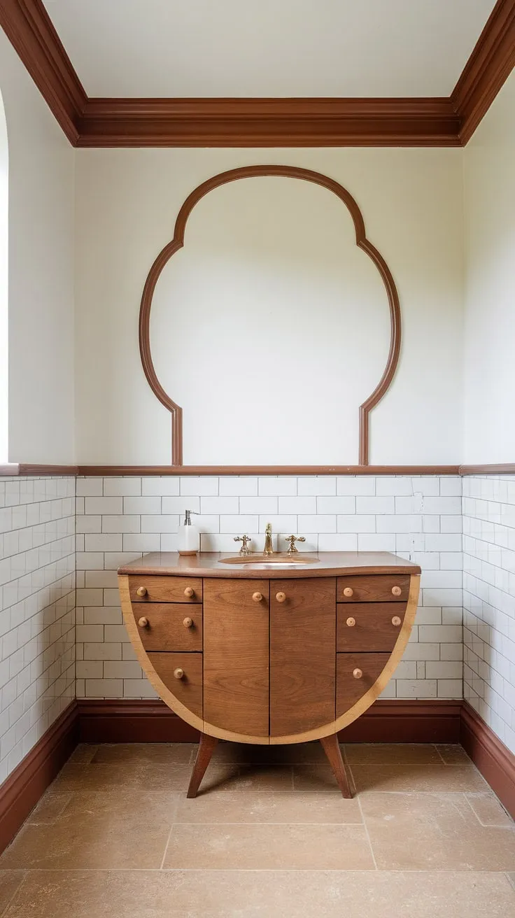 A stunning transformation! This bathroom renovation expertly blends mid-century modern design elements-from the unique curved vanity to the perfectly executed trim work-creating a space that's both sophisticated and fun. A true testament to thoughtful design.