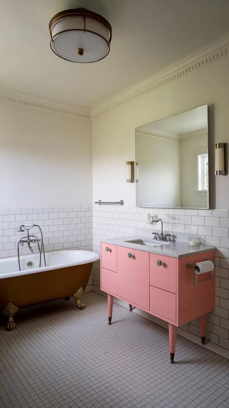 This retro-chic bathroom is a masterclass in mid-century modern design. The perfectly preserved details, from the charming pink vanity to the sleek chrome bathtub fixtures, create a space that's both timeless and utterly captivating. The clean lines and thoughtful use of space make it a haven of calm and style.