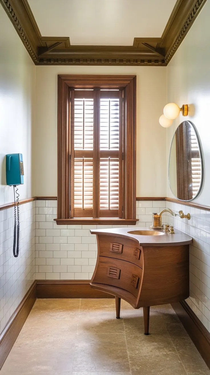 A playful blend of vintage charm and modern functionality defines this renovated bathroom. The unique curved vanity is a stunning centerpiece, complemented by the retro telephone and carefully chosen mid-century trim. The result? A space that's both fun and incredibly inviting.