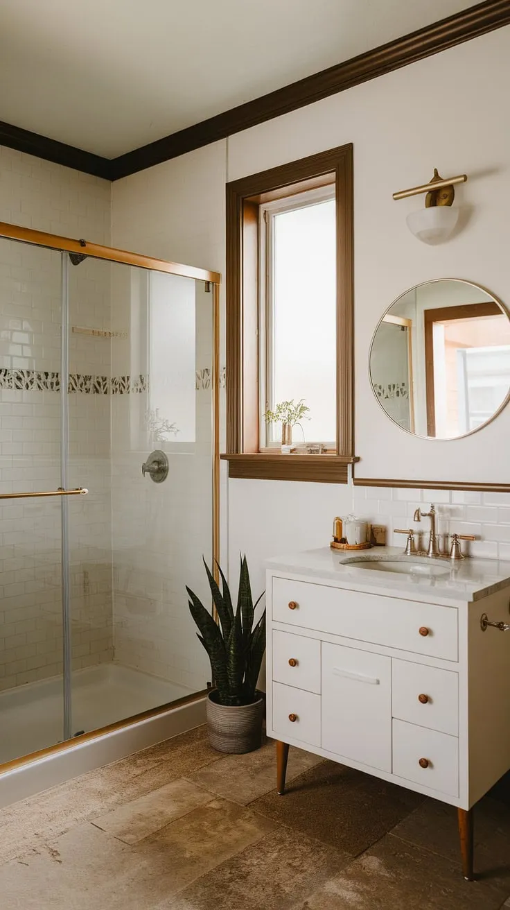 A minimalist haven. This bright, airy bathroom showcases the elegance of mid-century modern style. The white walls and vanity, complemented by the beige tile floor and glass shower enclosure, create a space that's both functional and aesthetically pleasing. A perfect example of how less can be more.