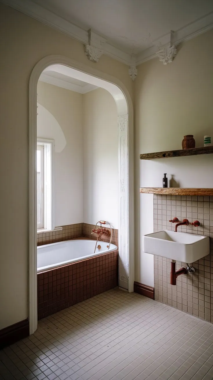 Step back in time with this mid-century modern bathroom. The rust-colored accents against the crisp white fixtures create a warm, inviting atmosphere. A perfect blend of vintage charm and timeless elegance.