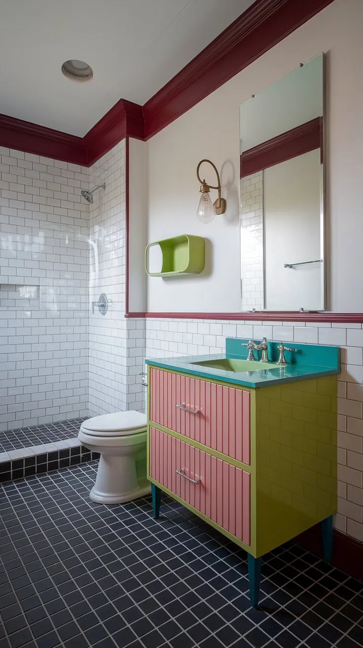 Step back in time with this stunning mid-century modern bathroom makeover. The eye-catching pink and green striped vanity is a showstopper, adding a burst of personality to the otherwise classic white-walled space. The black and white tiled floor and period-appropriate details, such as the trim molding and wall lamp, create a cohesive and charming atmosphere. A perfect blend of vintage charm and modern functionality.