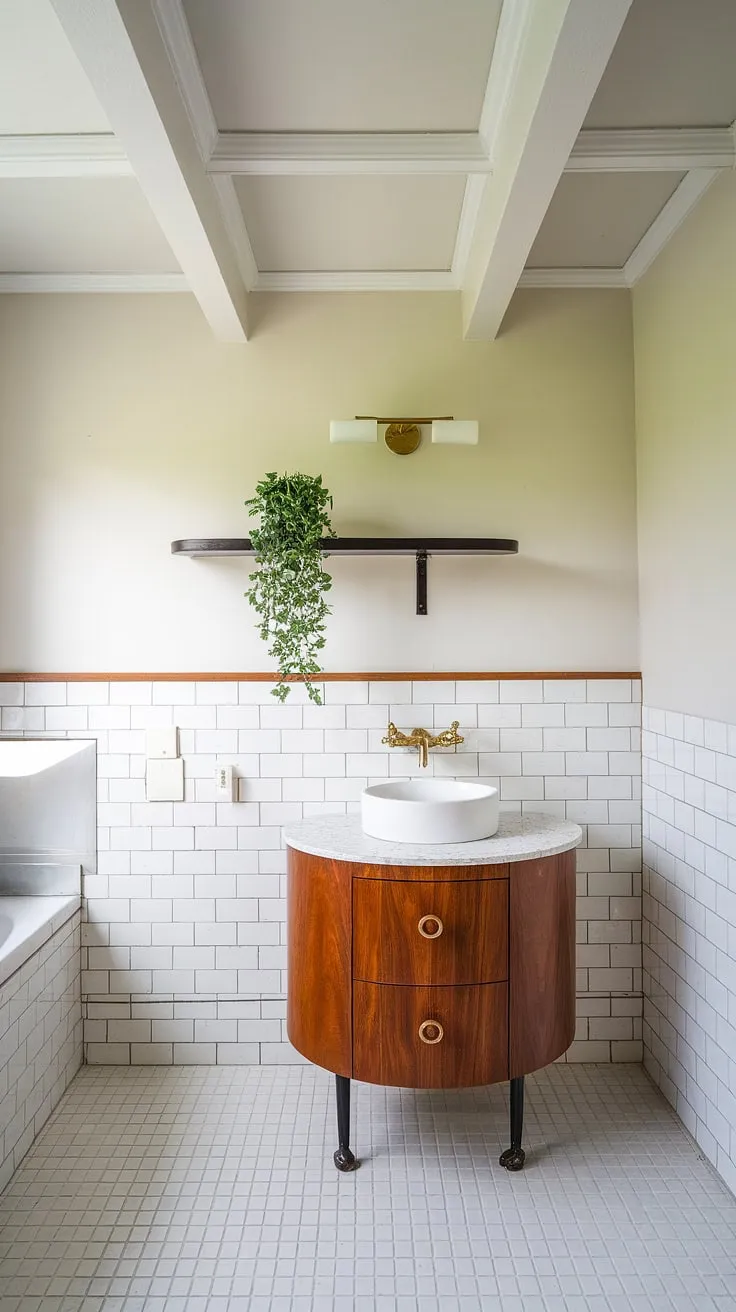 This renovated bathroom effortlessly blends mid-century modern style with contemporary comfort. The circular vanity, gold fixtures, and carefully chosen plant add personality to the bright, airy space, showcasing the beauty of simple design.