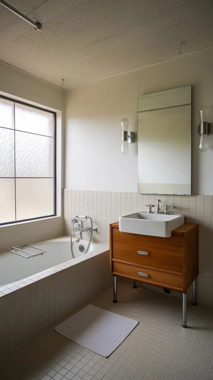 Step back in time with this mid-century modern bathroom renovation. The clean lines, chrome accents, and warm wood vanity create a serene oasis, perfectly complemented by the textured ceiling and subtle beige tile. A timeless design that effortlessly blends classic elegance with contemporary functionality.