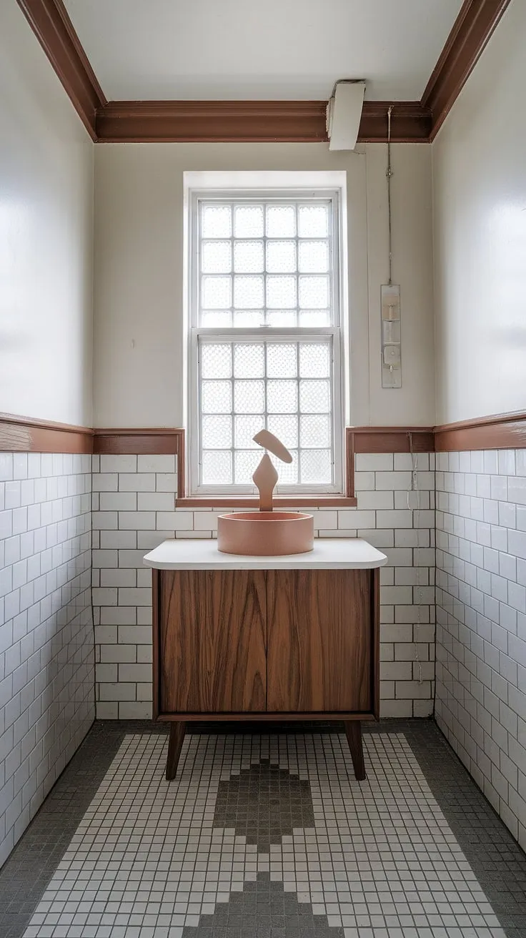 A mid-century dream realized. This bathroom renovation showcases the era's signature style with its clean lines, geometric patterns, and a show-stopping vanity. The thoughtful use of molding and baseboards adds a layer of sophistication, creating a space that's both stylish and serene. A perfect example of how to seamlessly blend old and new.