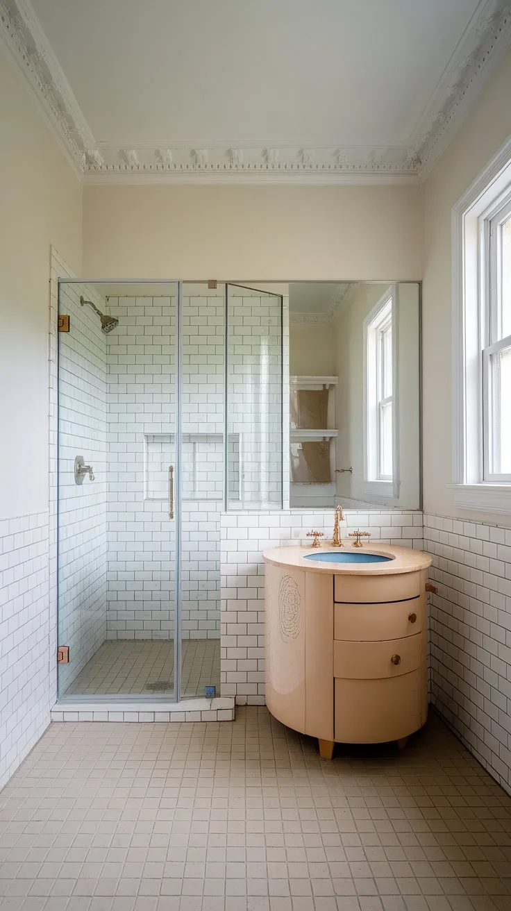Mid-century modern magic in this newly renovated bathroom. The round vanity is a playful focal point, perfectly complemented by the warm beige tiles and crisp white accents. A bright and airy space, it's the perfect blend of retro charm and contemporary style.
