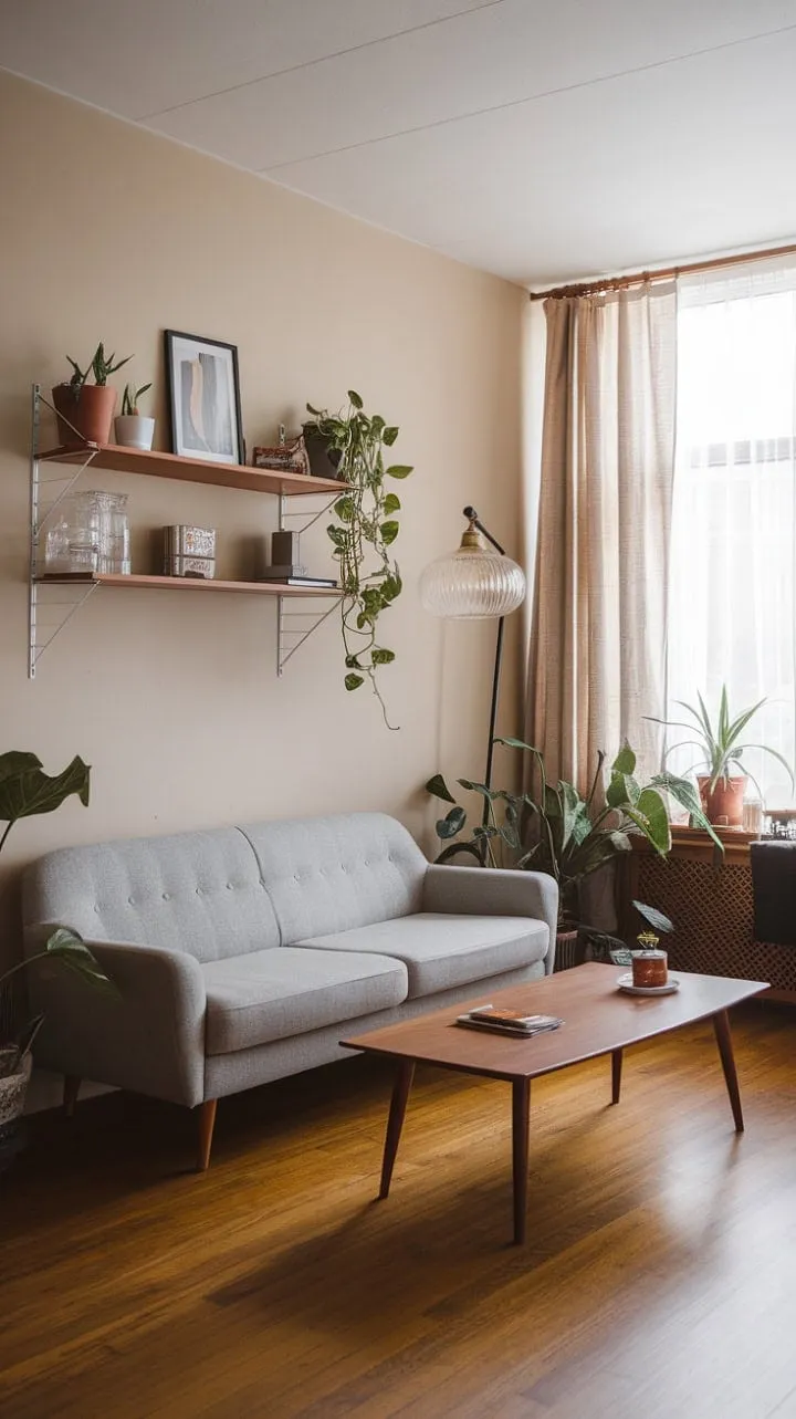 Bathed in sunlight, this mid-century Scandinavian living room exudes understated sophistication and tranquility, with its grey sofa, wooden coffee table, and thoughtfully selected plants.