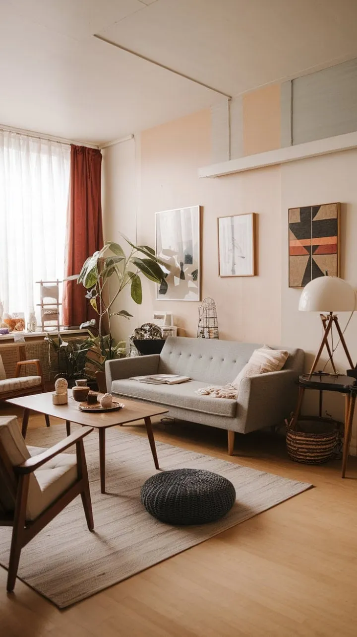 This mid-century Scandinavian living room elegantly blends comfort and style, inviting quiet evenings filled with cherished moments amidst soft greys and rich wooden tones.