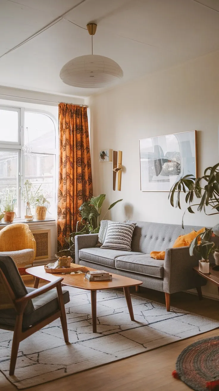 Sunlight streams through the large windows, illuminating the warm grey tones of this mid-century Scandinavian living room. The carefully curated mix of vintage furniture and contemporary accents creates a space that's both effortlessly stylish and incredibly cozy. A perfect blend of old and new, this home embodies the timeless appeal of mid-century design.