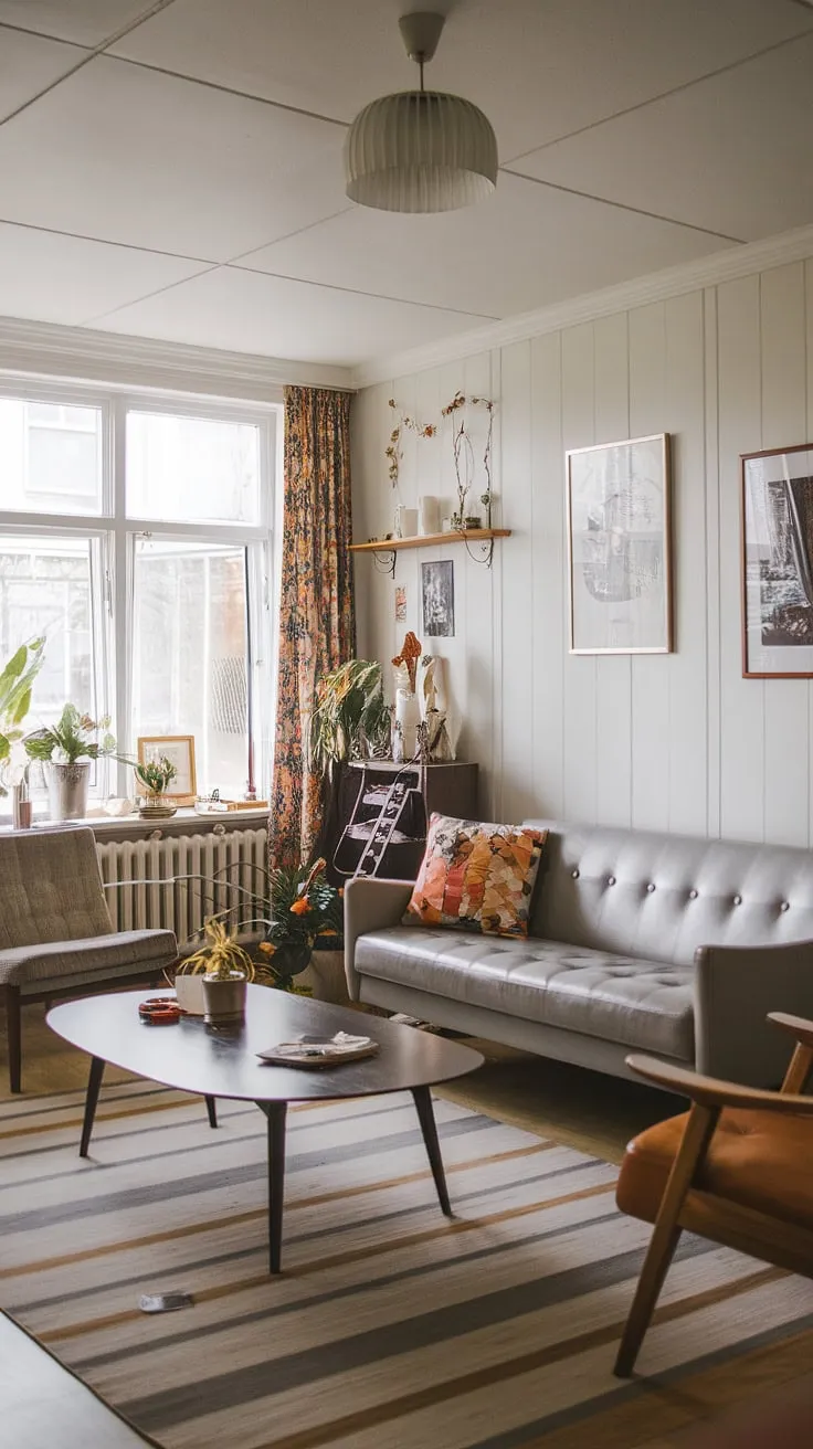 Bathed in the warm glow of afternoon sun, this mid-century Scandinavian living room exudes a cozy, eclectic charm. The grey sofa and contemporary coffee table anchor the space, perfectly complemented by the room's modern retro decor and thoughtful blend of Scandinavian and bungalow interior design elements. A testament to timeless style.