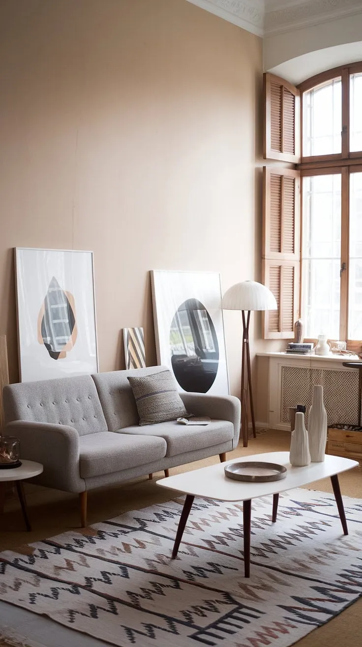 Sunlight streams through the wooden shutters, illuminating the calm elegance of this mid-century Scandinavian living room. The grey sofa, white coffee table, and carefully chosen art pieces create a space that's both stylish and inviting; a perfect example of understated sophistication. The patterned rug adds a touch of warmth underfoot, completing this serene and functional a sanctuary.