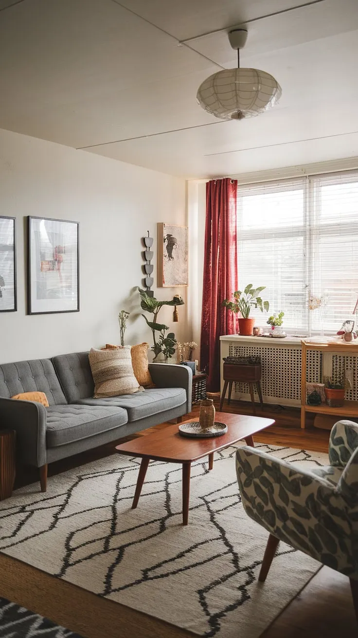 This mid-century modern living room is a haven of calm and sophistication. The grey couch anchors the space, its clean lines complemented by the carefully chosen accessories and the warm, natural light. A true reflection of Scandinavian design principles, this room effortlessly blends vintage charm with contemporary comfort, creating a space that feels both timeless and utterly current.
