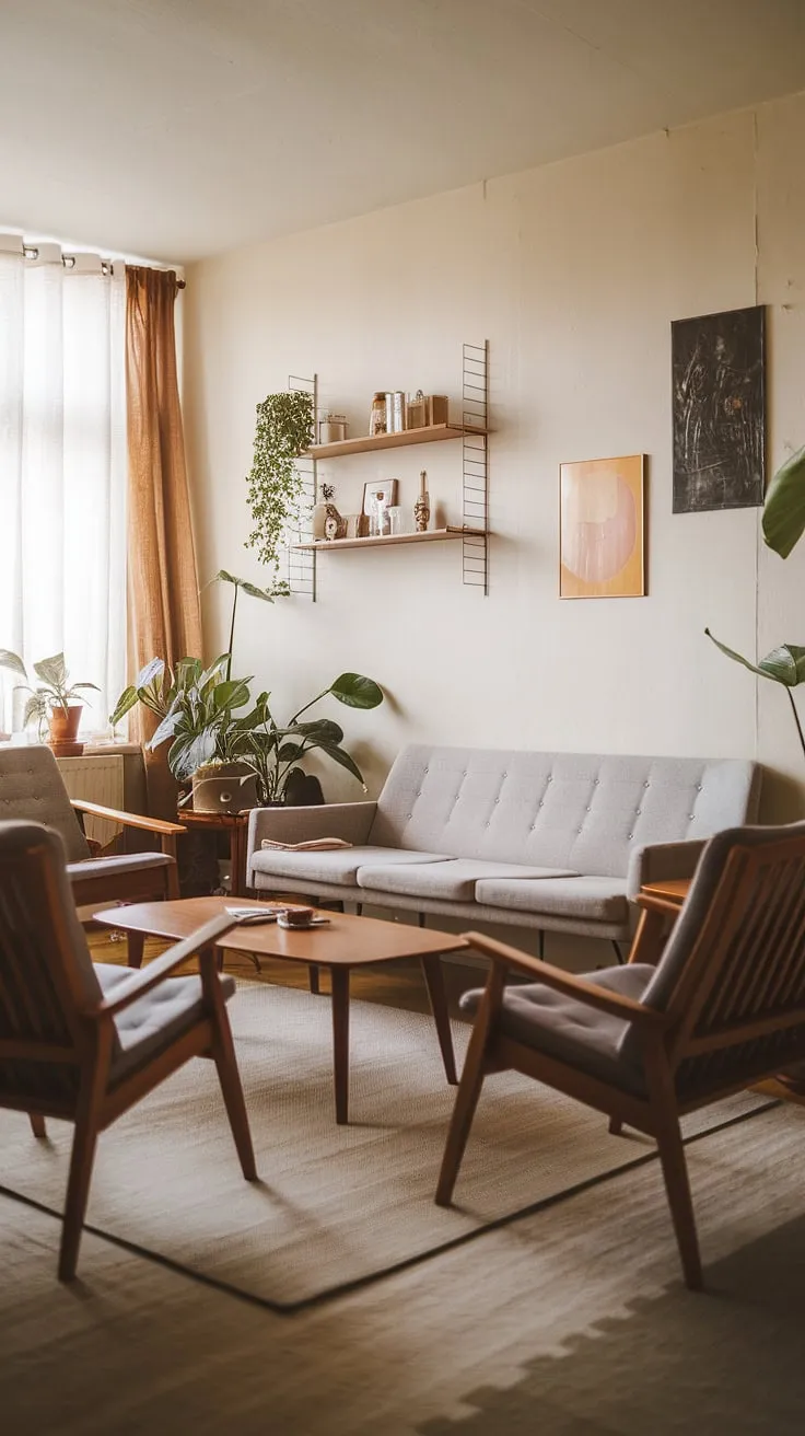 Sunlight streams through the window, illuminating the calm serenity of this mid-century Scandinavian living room. The grey sofa, wooden coffee table, and carefully chosen plants create a space that feels both effortlessly stylish and wonderfully cozy. A perfect haven for quiet contemplation and cherished moments.