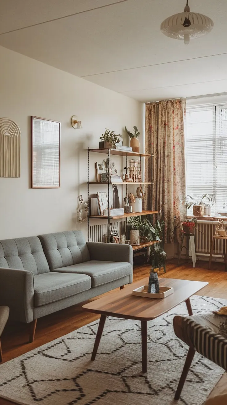 Sunlight streams through the window, illuminating the warm grey tones of this mid-century modern living room. The carefully curated blend of Scandinavian minimalism and retro design creates a cozy and inviting atmosphere, a testament to timeless style. A perfect example of how classic design elements can create a contemporary and comfortable space.