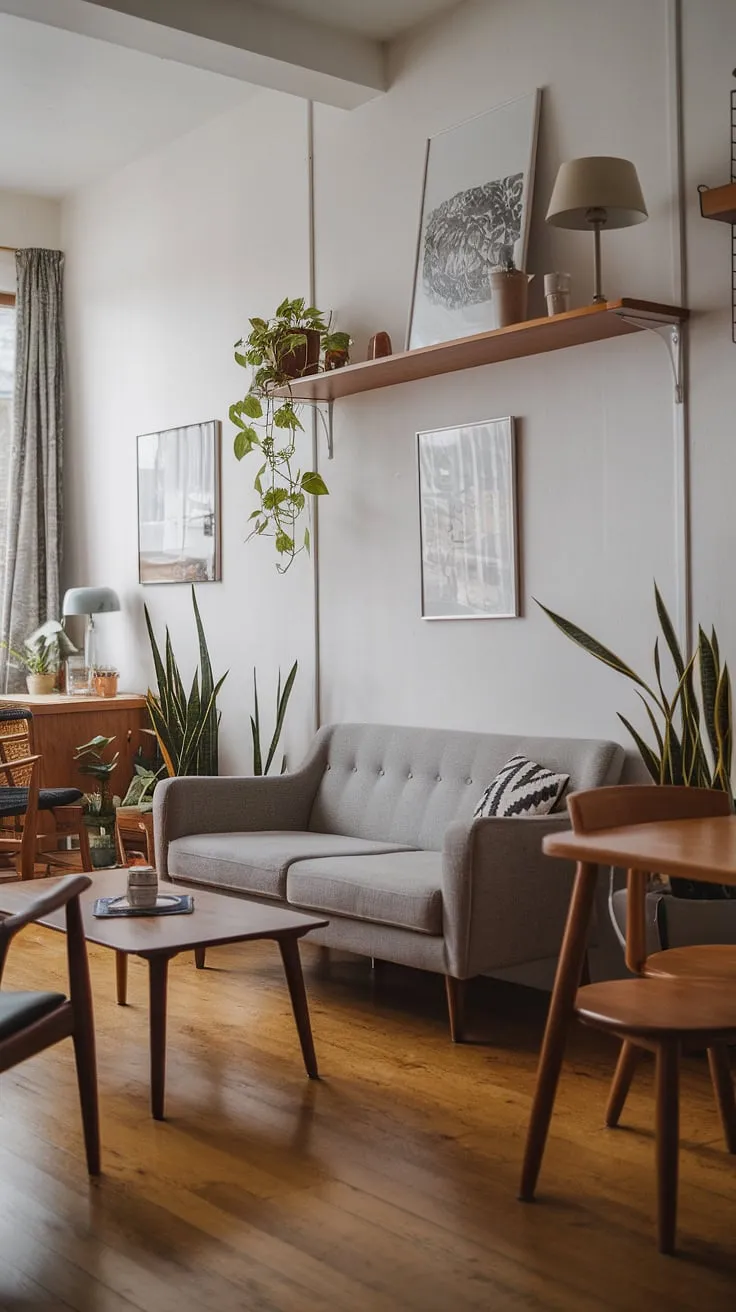 This mid-century Scandinavian haven is a testament to understated elegance. The grey sofa, wooden accents, and carefully curated plants create a tranquil atmosphere, perfect for unwinding after a long day. A space where simplicity meets sophistication.