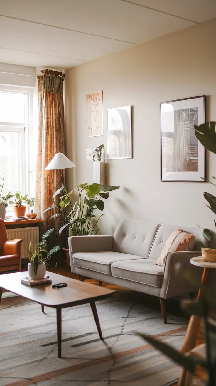 This mid-century bungalow interior is a haven of calm. A grey sofa anchors the space, complemented by a curated mix of mid-century modern and contemporary pieces. The natural light, coupled with strategically placed plants and a warm lamp, creates a truly inviting and stylish family room. A beautiful example of how to seamlessly blend eras.