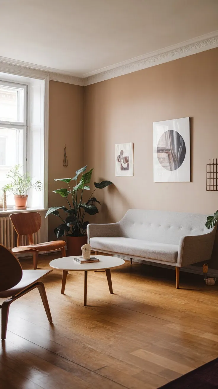 Mid-century modern meets contemporary cool in this Scandinavian-inspired living room. The grey sofa, sleek coffee table, and warm wood tones create a calming yet stylish atmosphere, perfectly complemented by the pops of green from the potted plant and the carefully curated artwork. A testament to timeless design.